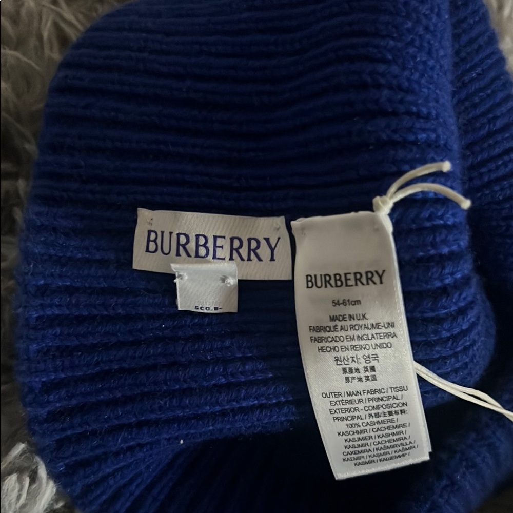 BURBERRY Blue Ribbed Beanie with Logo - Picture 2 of 4